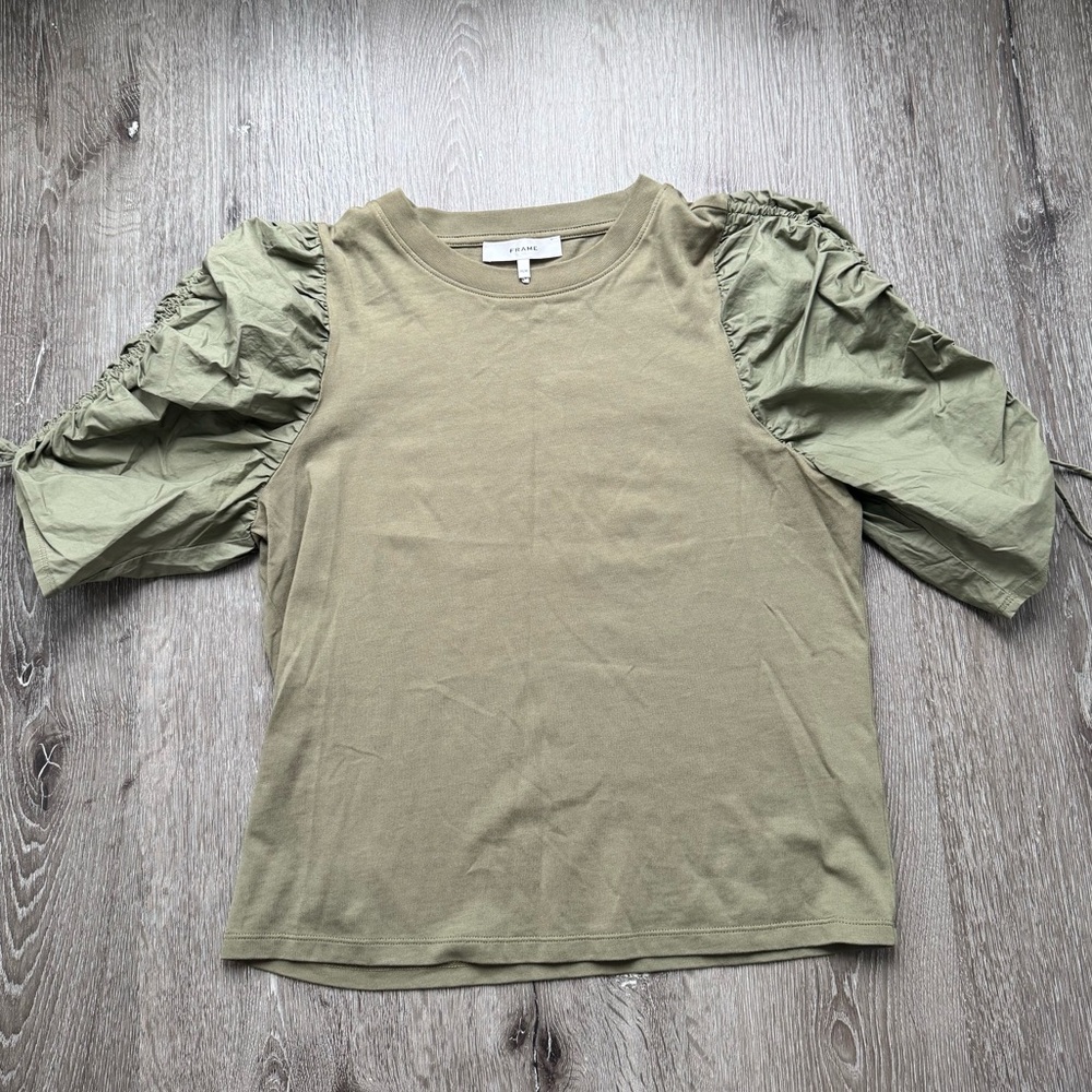 FRAME Olive Green Puff Sleeve Tee Organic Cotton Size Medium